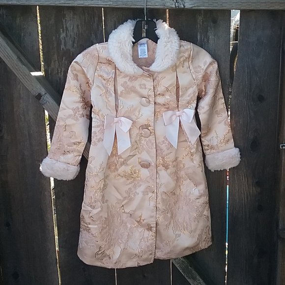 Fancy Blush Pink Brocade Faux Fur Collar Holiday Princess Coat Size 6X Easter